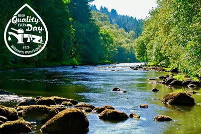 Willamette River with the Quality Water logo superimposed in the upper right hand corner
